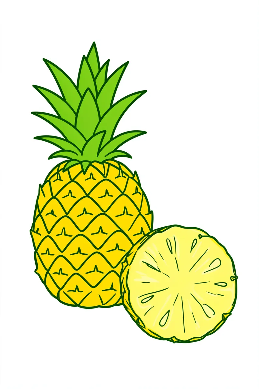 Simple line drawing of a whole pineapple and a round pineapple slice on a plain white background