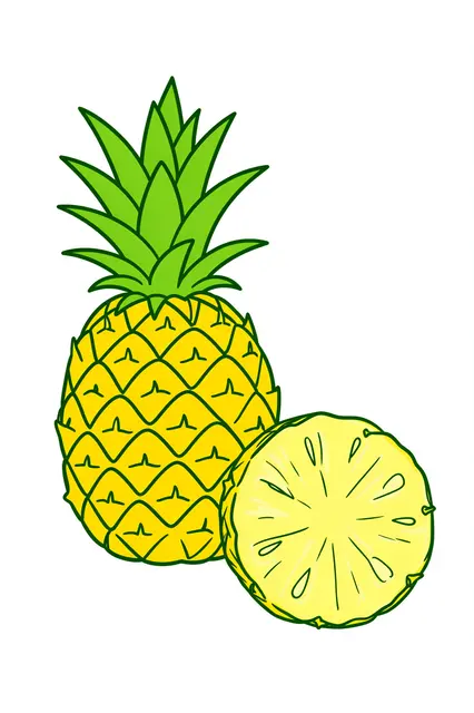 Simple line drawing of a whole pineapple and a round pineapple slice on a plain white background