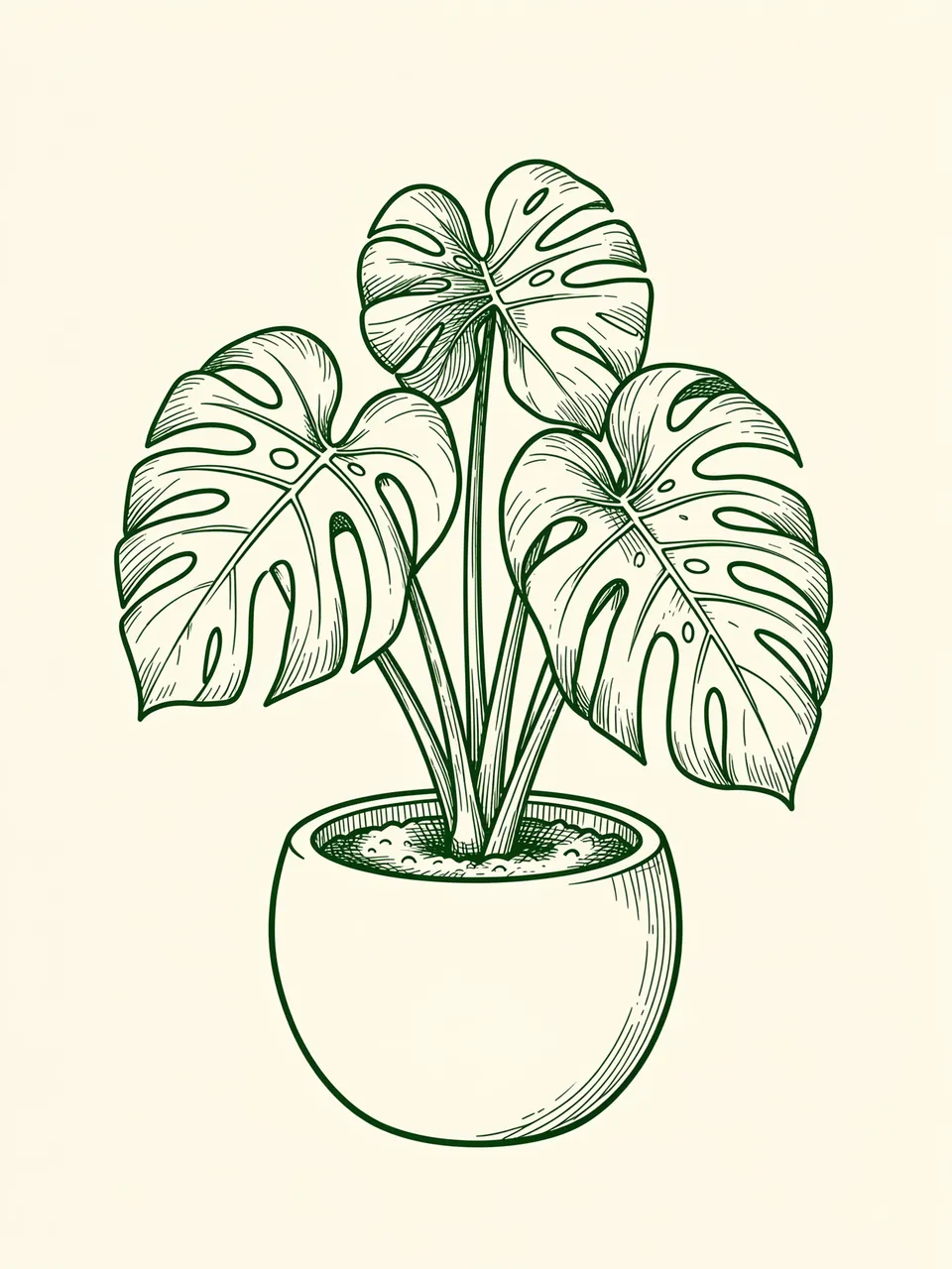 Green ink line drawing of a potted monstera plant on a cream background
