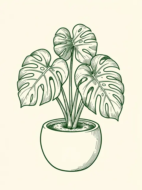 Green ink line drawing of a potted monstera plant on a cream background