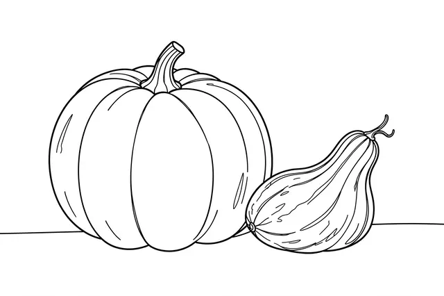 Continuous line drawing of a round pumpkin next to a small gourd on a plain white background