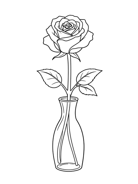 Continuous black line drawing of a single rose in a slender vase on a plain white background