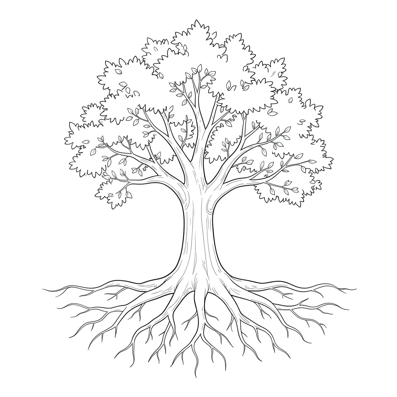 Minimal delicate fine line drawing of a full tree with spreading roots on a plain white background