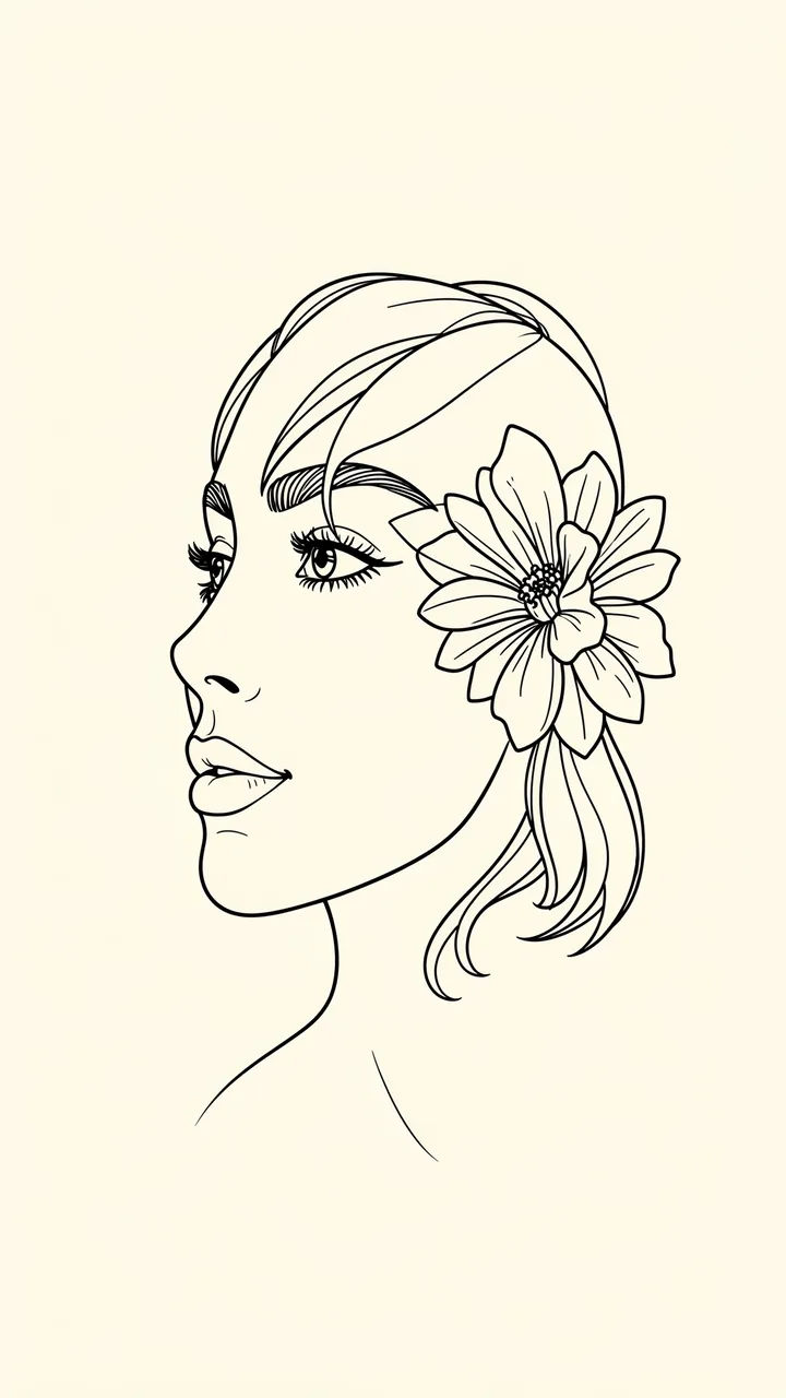 Minimal black continuous line drawing of a woman in profile with a flower in her hair on a cream background