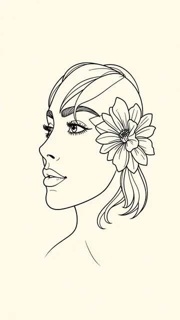 Minimal black continuous line drawing of a woman in profile with a flower in her hair on a cream background