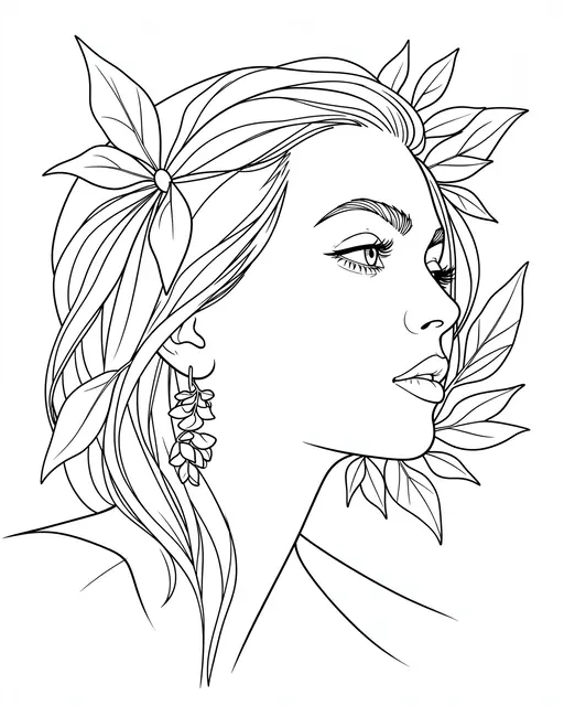 Clean monochrome line drawing of a woman in profile framed by decorative leaves