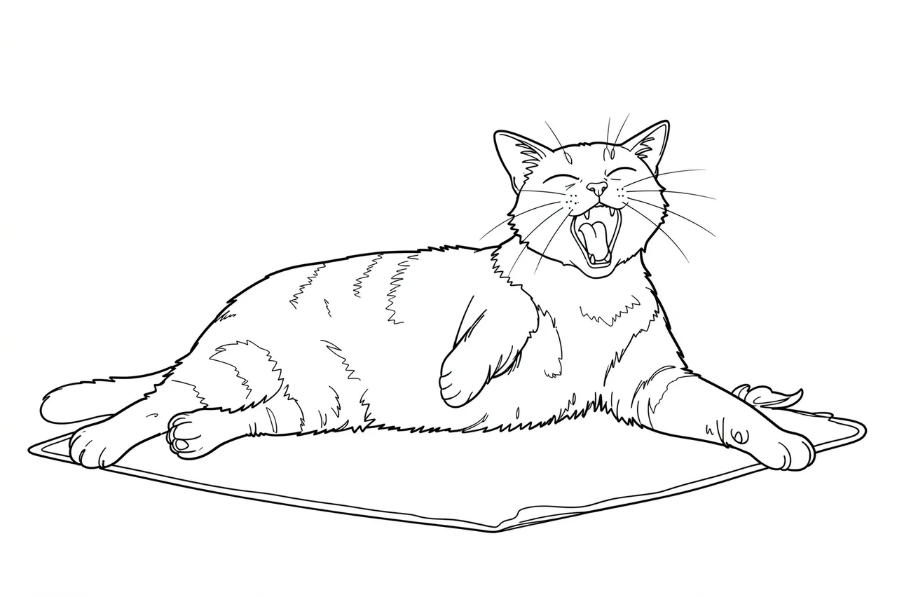 Black line drawing of a cat yawning while lying on a small mat against a plain white background