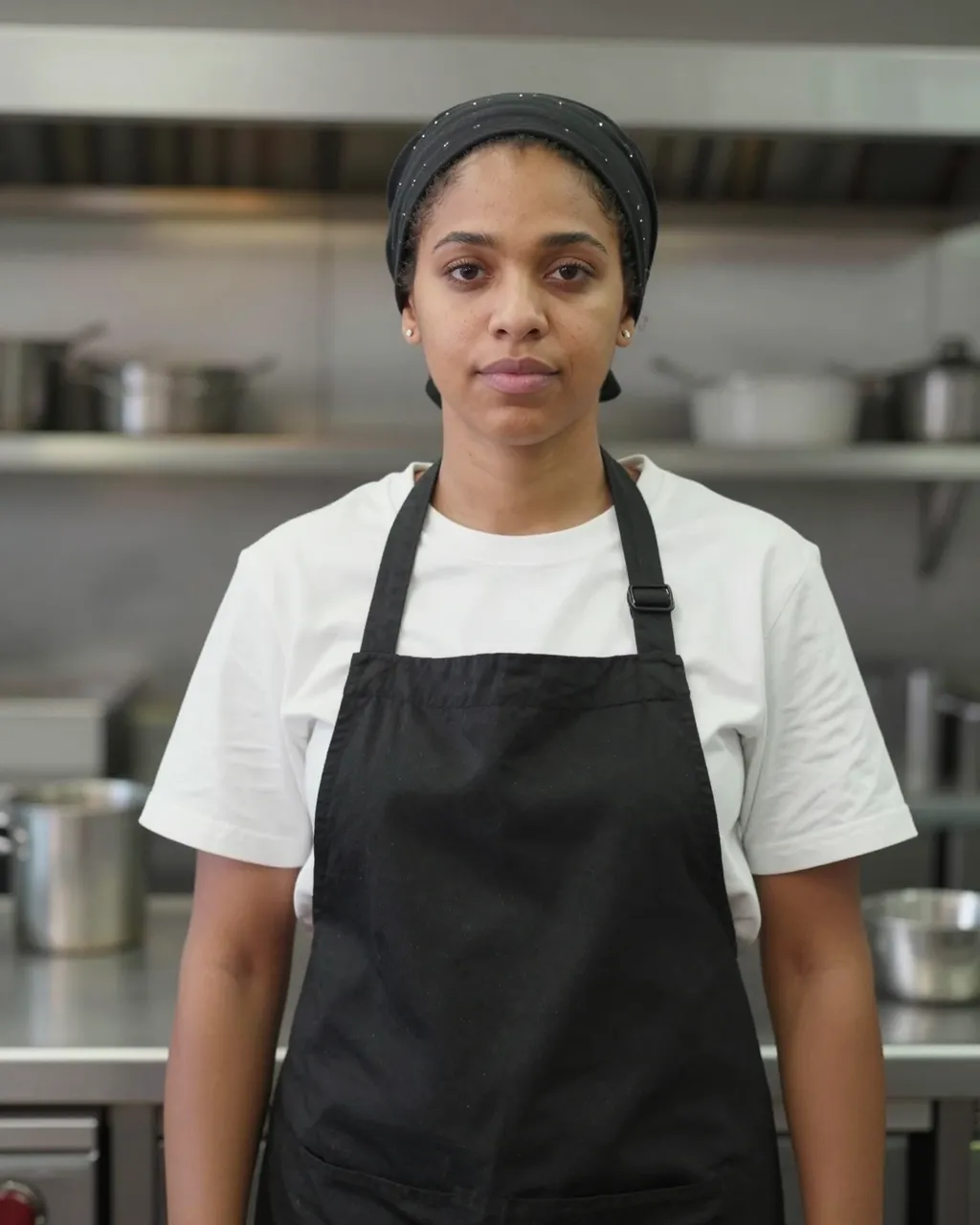 Mixed-race female line cook stands facing the camera in a quiet commercial kitchen after service