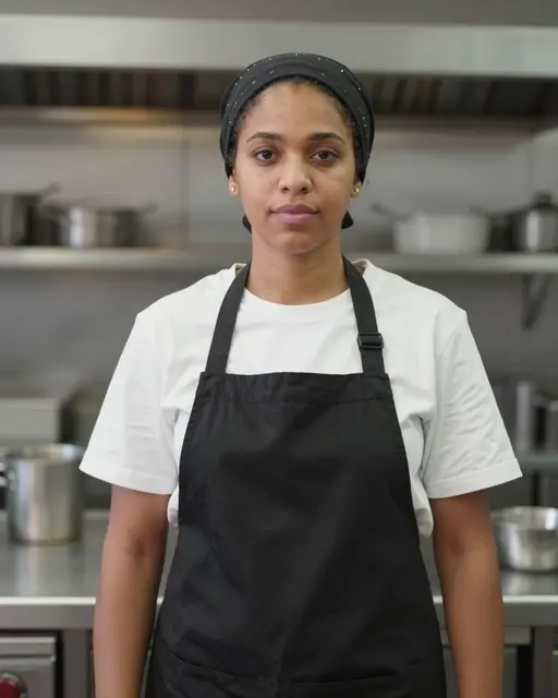 Mixed-race female line cook stands facing the camera in a quiet commercial kitchen after service