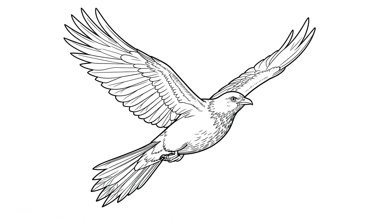 Black and white line art of a flying bird with spread wings against a plain white background