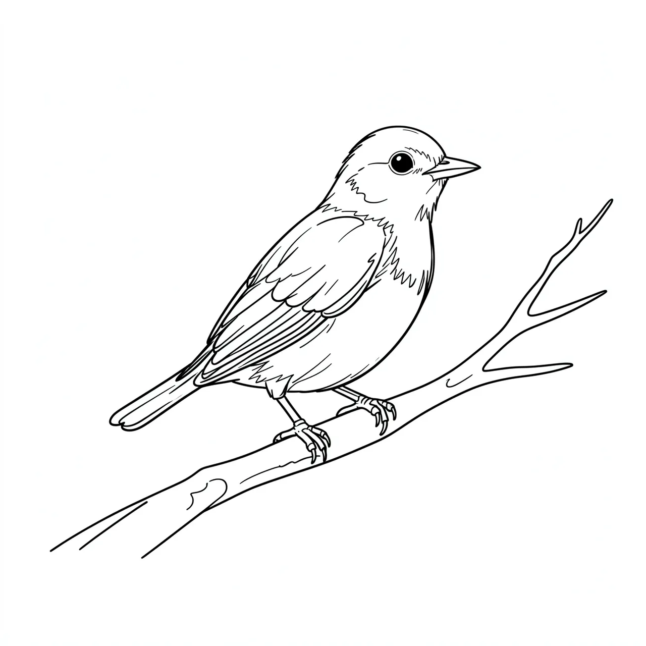 A black line illustration of a small songbird perched on a bare branch against a plain white background