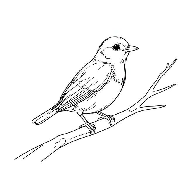 A black line illustration of a small songbird perched on a bare branch against a plain white background