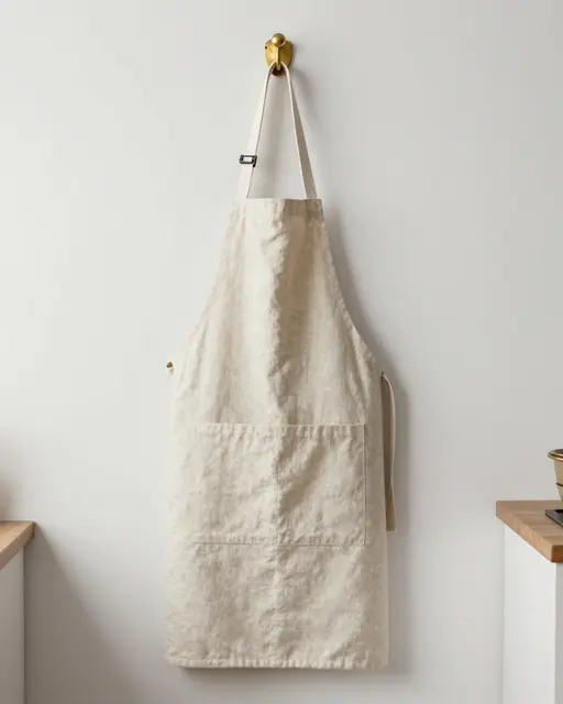 Plain natural linen apron hangs from a brass wall hook in a bright minimalist kitchen.