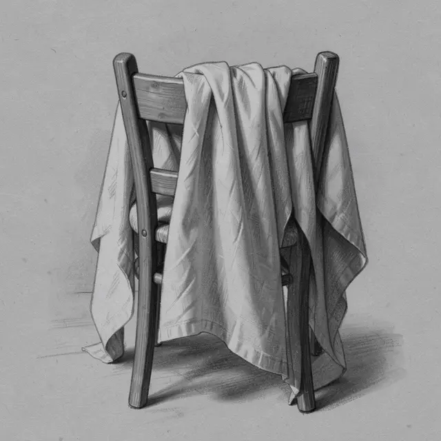 Charcoal sketch of linen cloth draped over the back of a simple wooden chair on toned gray paper