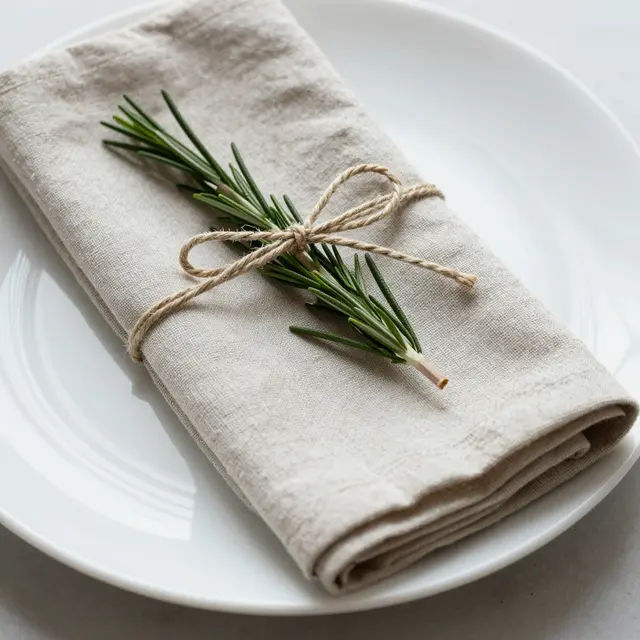 Folded linen napkin tied with twine and rosemary sprig rests on a white plate