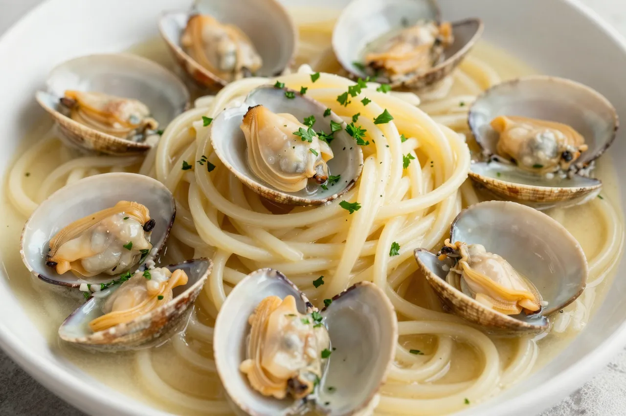 A close-up view of a bowl of linguine pasta with clams, fresh parsley, and creamy white wine sauce.