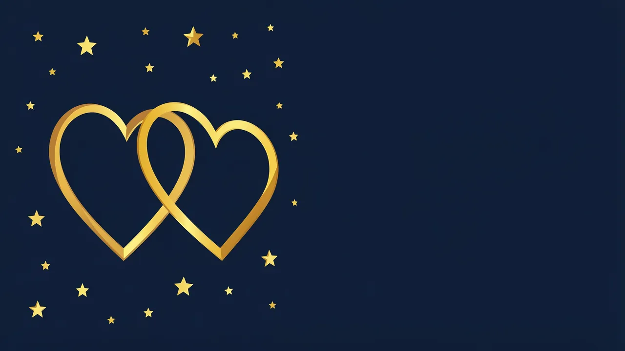 Two interlocked gold hearts and scattered small stars sit against a solid navy background with empty space on the right