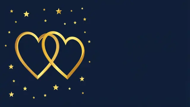 Two interlocked gold hearts and scattered small stars sit against a solid navy background with empty space on the right