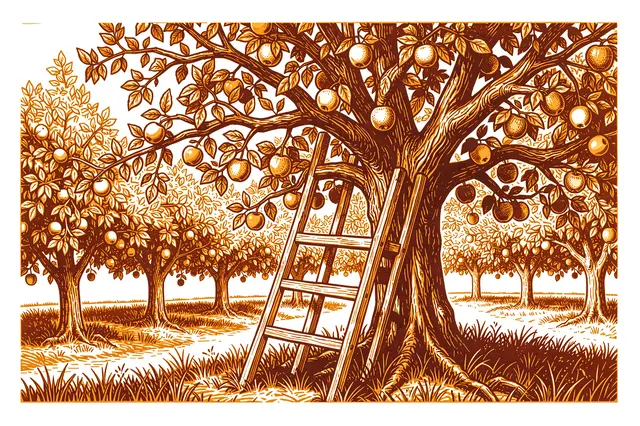 A linocut print of an apple orchard with a wooden ladder leaning against a fruit-heavy tree