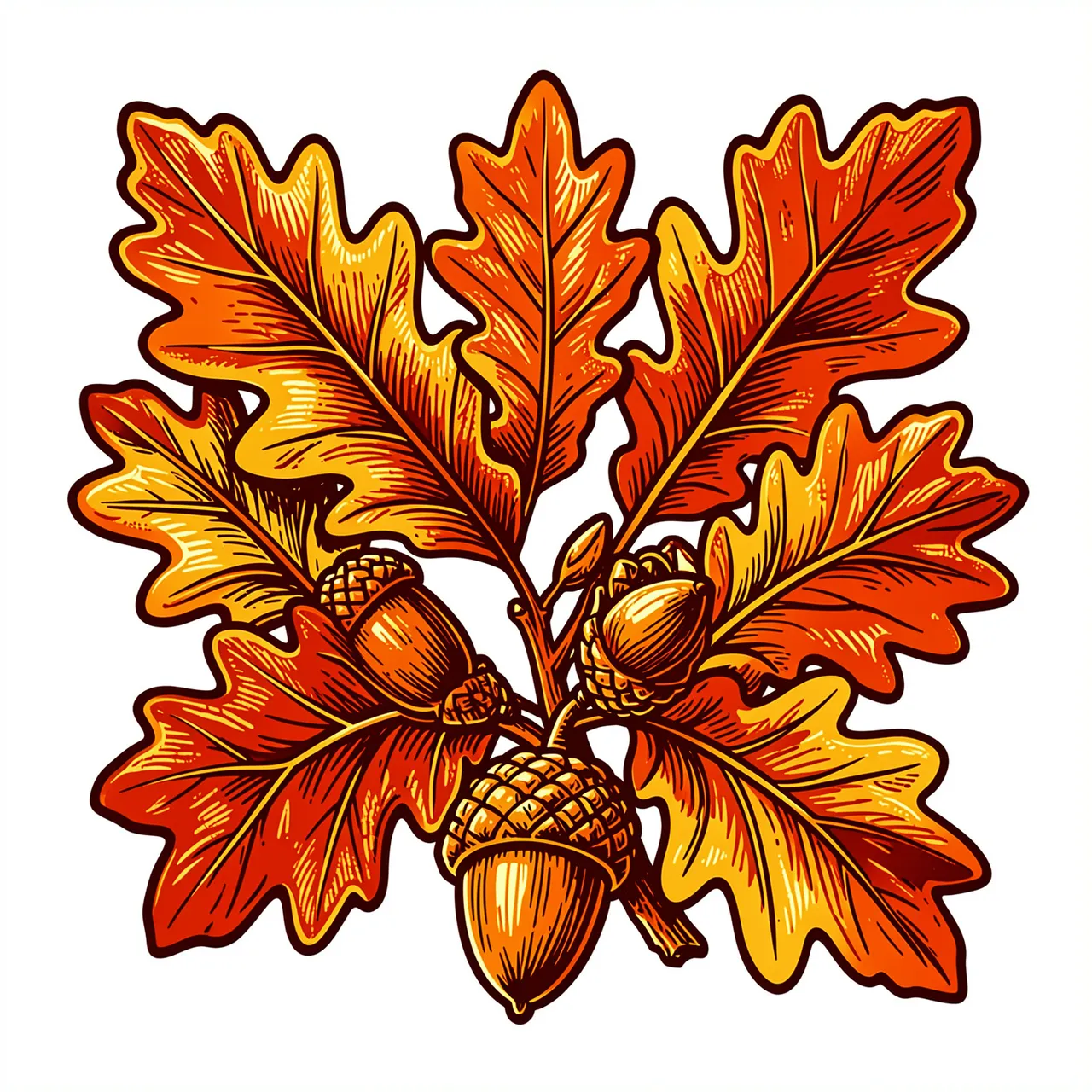 Bold linocut illustration of autumn oak leaves and acorns against a plain white background