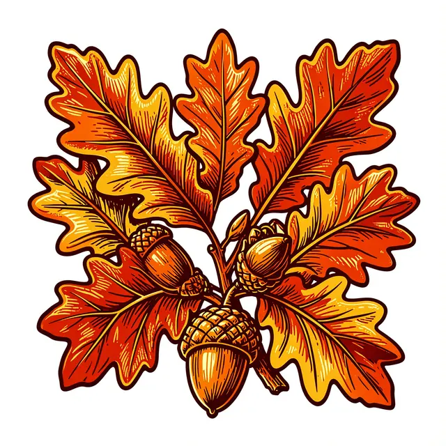 Bold linocut illustration of autumn oak leaves and acorns against a plain white background