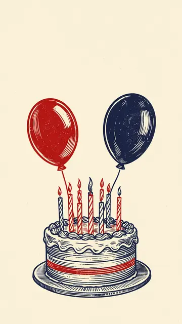 Vertical linocut print of a birthday cake with lit candles and red and navy balloons on cream paper with empty upper space