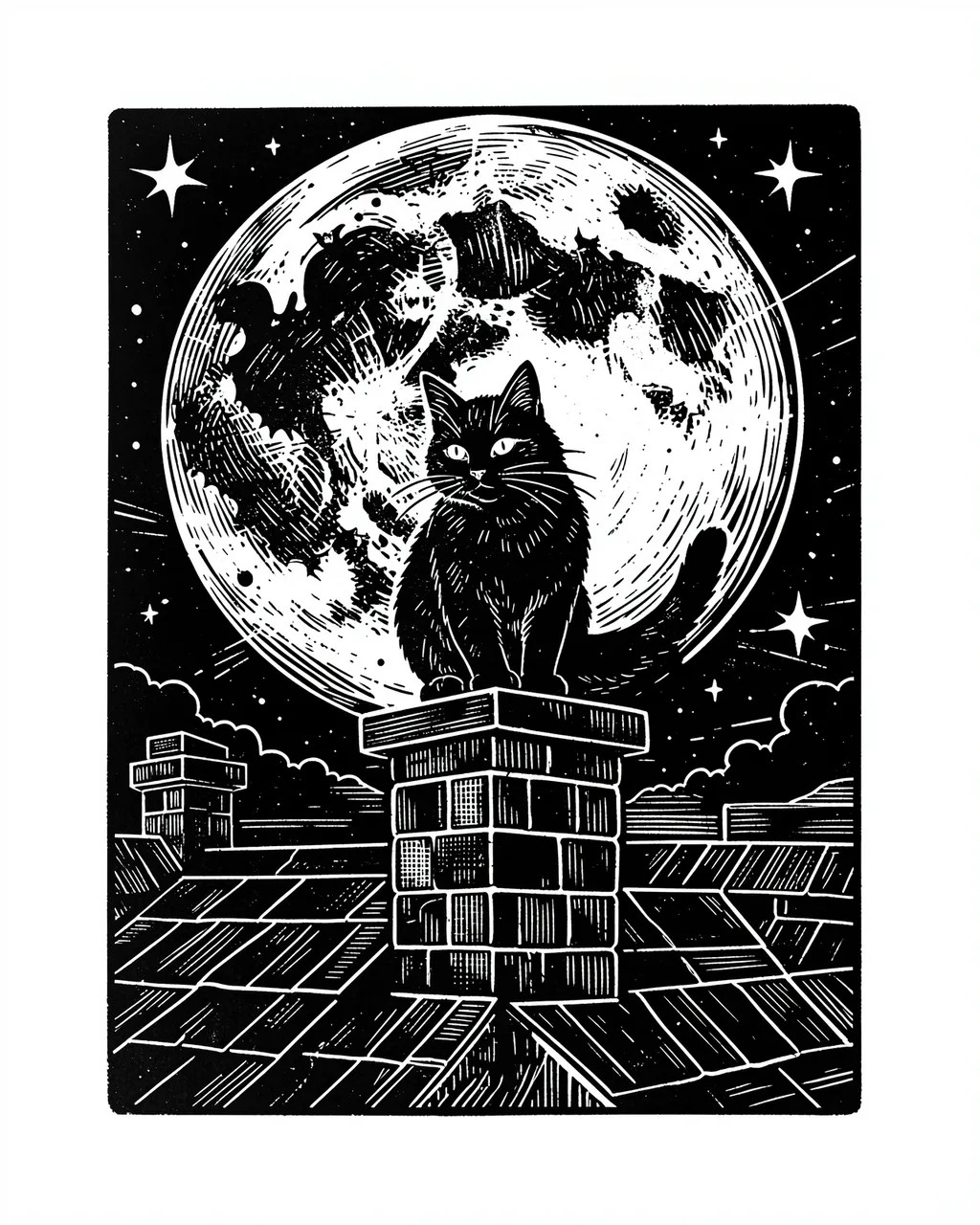 Two-color linocut of a black cat perched on a brick rooftop chimney under a full moon and starry sky.