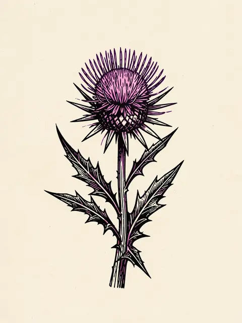 Black and purple linocut illustration of a blooming thistle on cream paper
