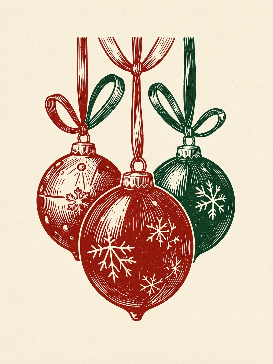 Three illustrated Christmas baubles hang from ribbons against a cream paper background