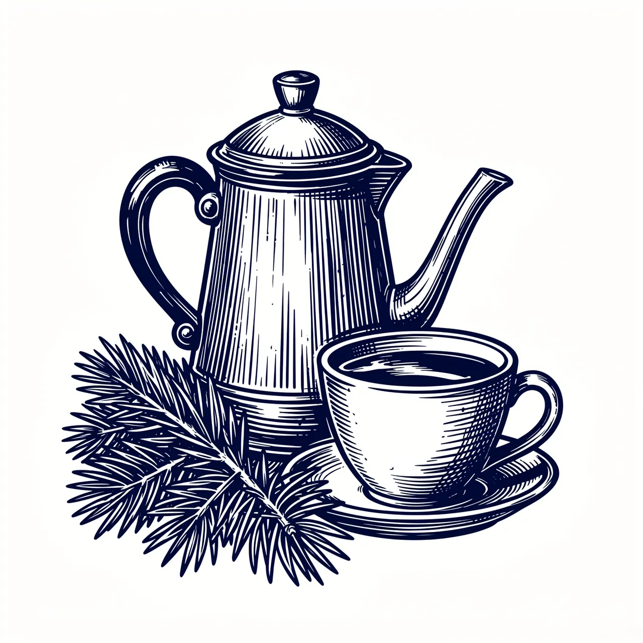 Navy linocut illustration of a coffee pot, filled cup, and pine branch on a plain white background