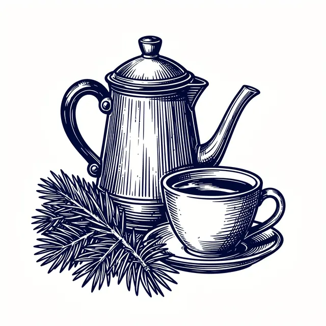 Navy linocut illustration of a coffee pot, filled cup, and pine branch on a plain white background