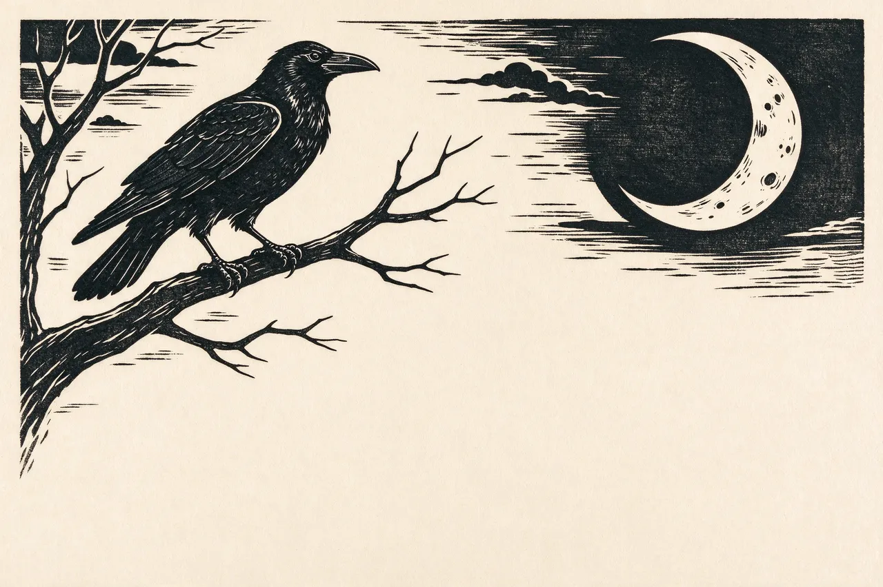 Linocut illustration of a crow perched on a bare branch beneath a crescent moon, with empty cream copy space below