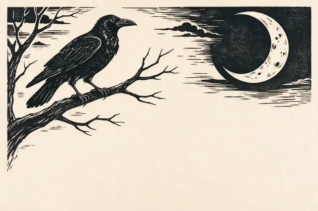 Linocut illustration of a crow perched on a bare branch beneath a crescent moon, with empty cream copy space below