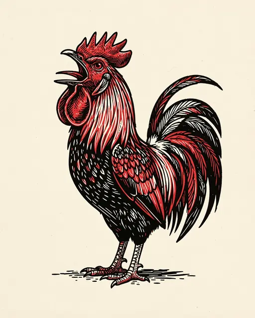 A stylized linocut print of a crowing rooster in black and red ink on cream paper
