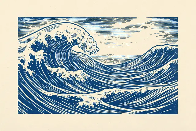Blue ink linocut print of curling ocean waves with foam crests on cream paper