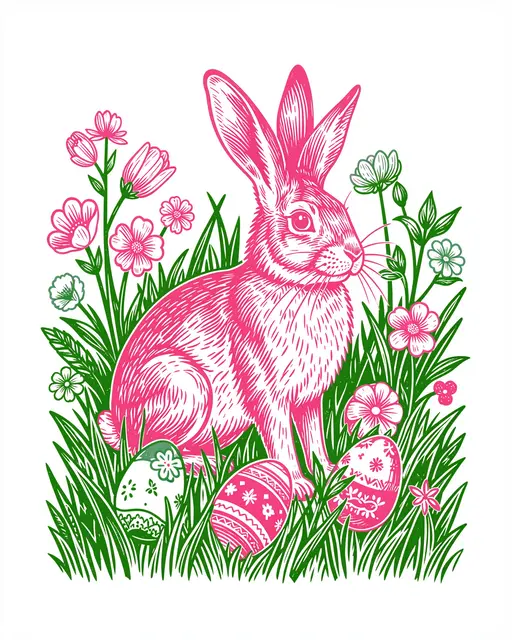 Pink and green linocut illustration of a seated hare among spring flowers and decorated Easter eggs.
