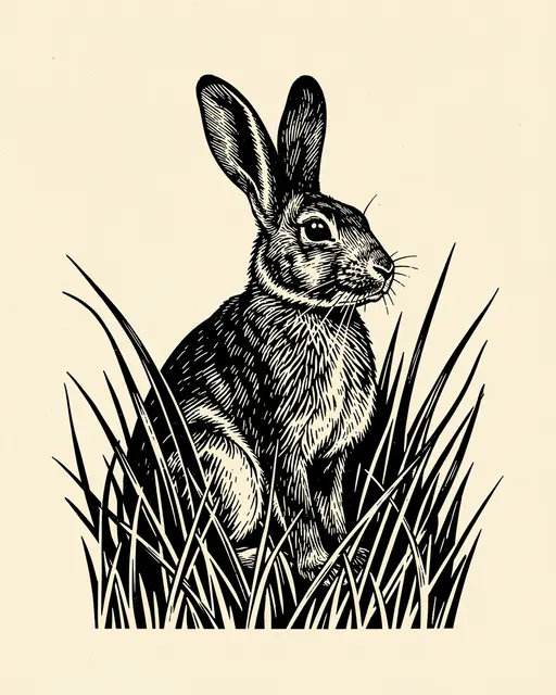 A black ink linocut illustration of a sitting hare framed by tall grass on cream paper