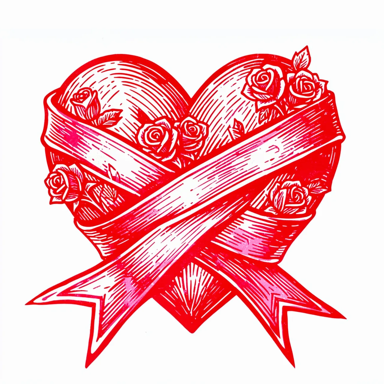 Red and pink linocut illustration of a heart wrapped in a ribbon accented with small roses
