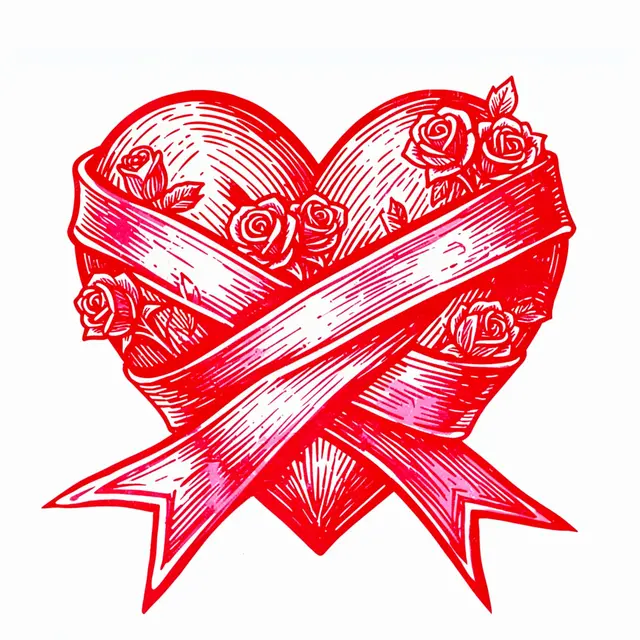 Red and pink linocut illustration of a heart wrapped in a ribbon accented with small roses