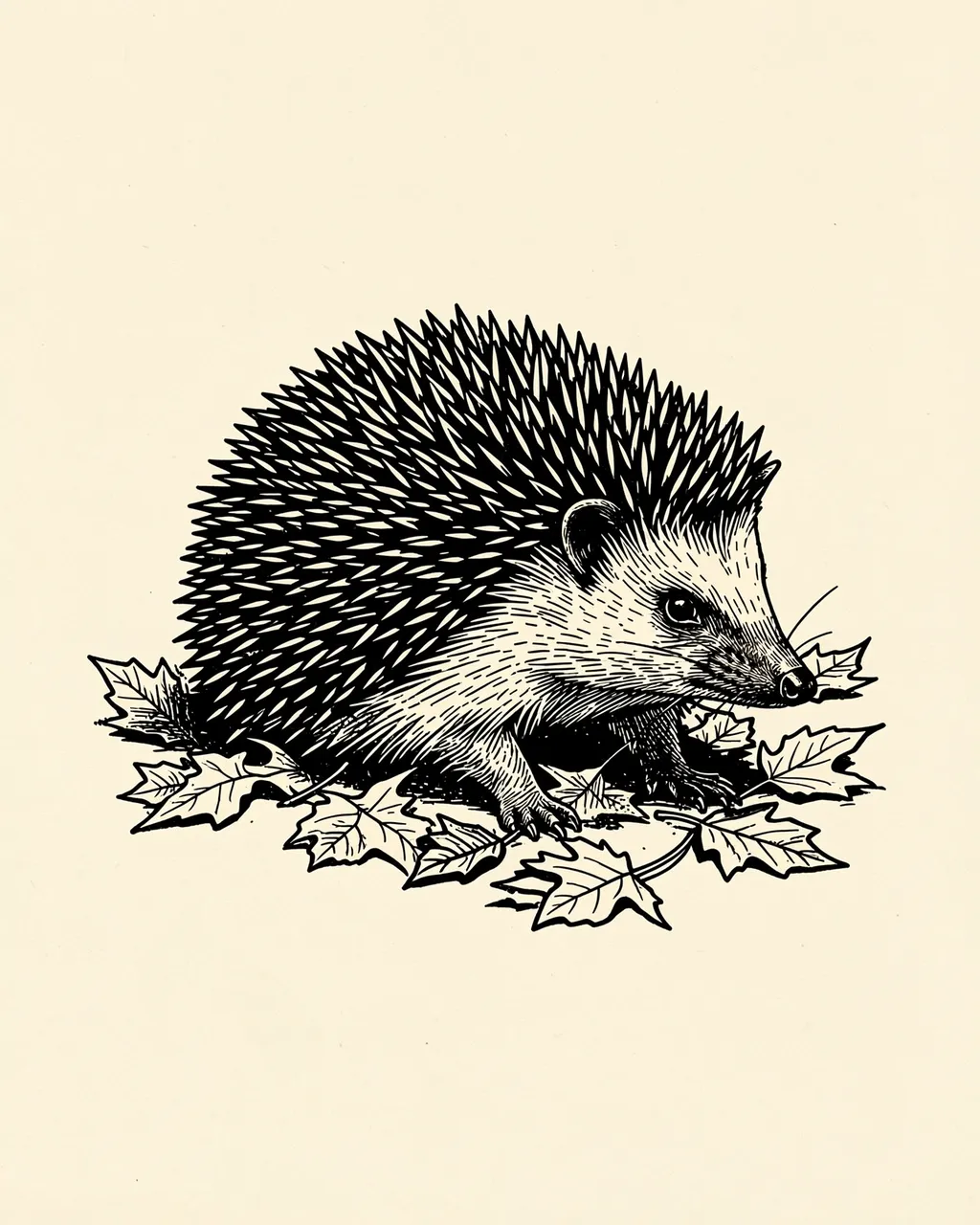 Black linocut illustration of a hedgehog resting among fallen maple leaves on cream paper