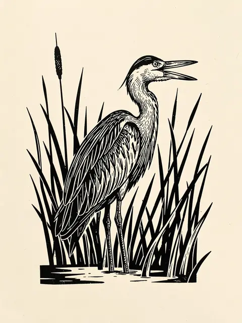 Black linocut print of a heron standing in shallow water surrounded by reeds on cream paper