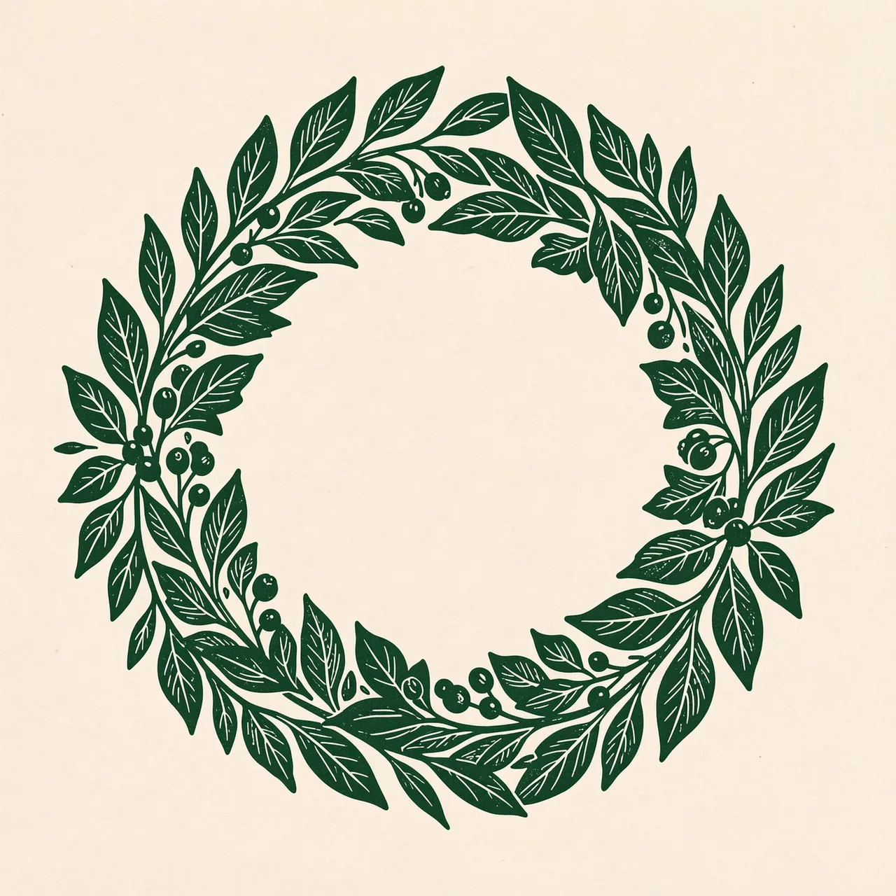 A circular linocut wreath of leaves and berries printed in deep green ink on cream paper