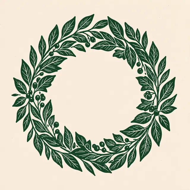 A circular linocut wreath of leaves and berries printed in deep green ink on cream paper