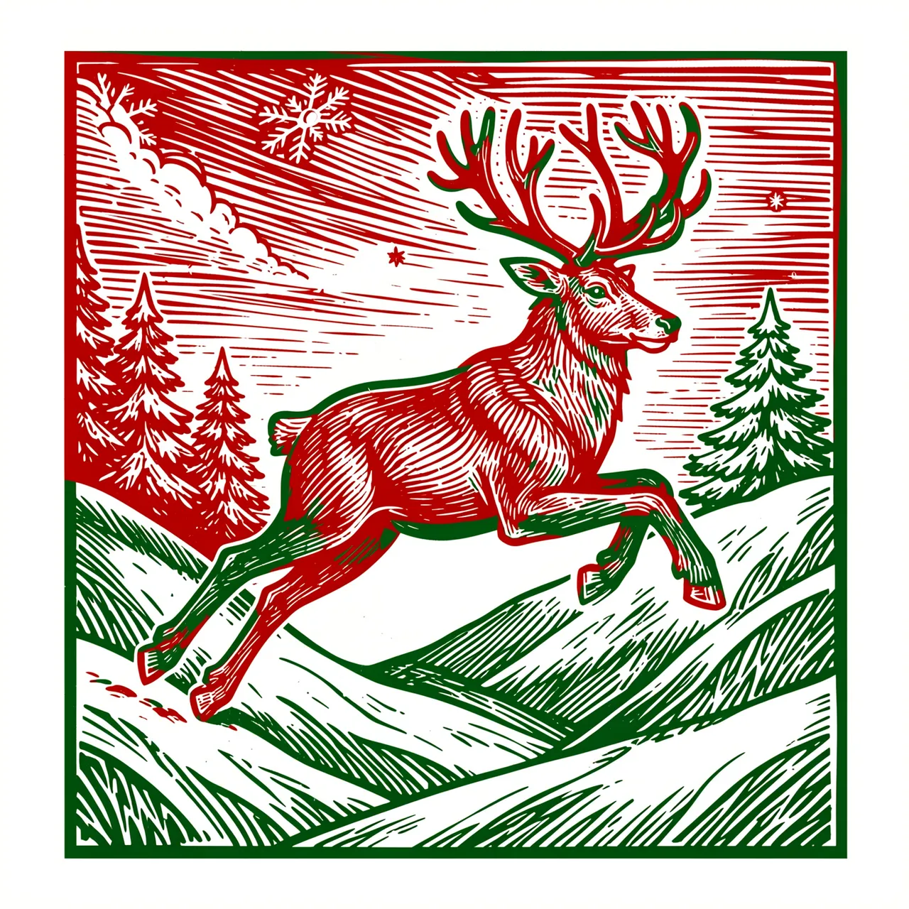 Red and green linocut print of a reindeer leaping across a snowy Christmas hillside with pine trees and snowflakes