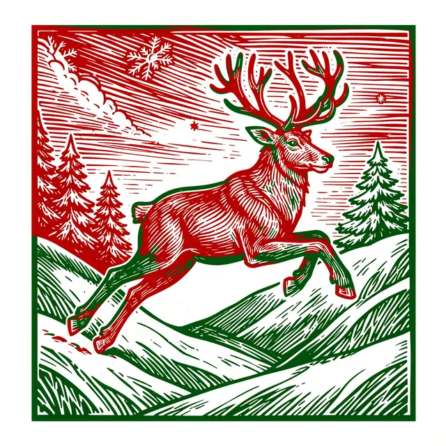 Red and green linocut print of a reindeer leaping across a snowy Christmas hillside with pine trees and snowflakes