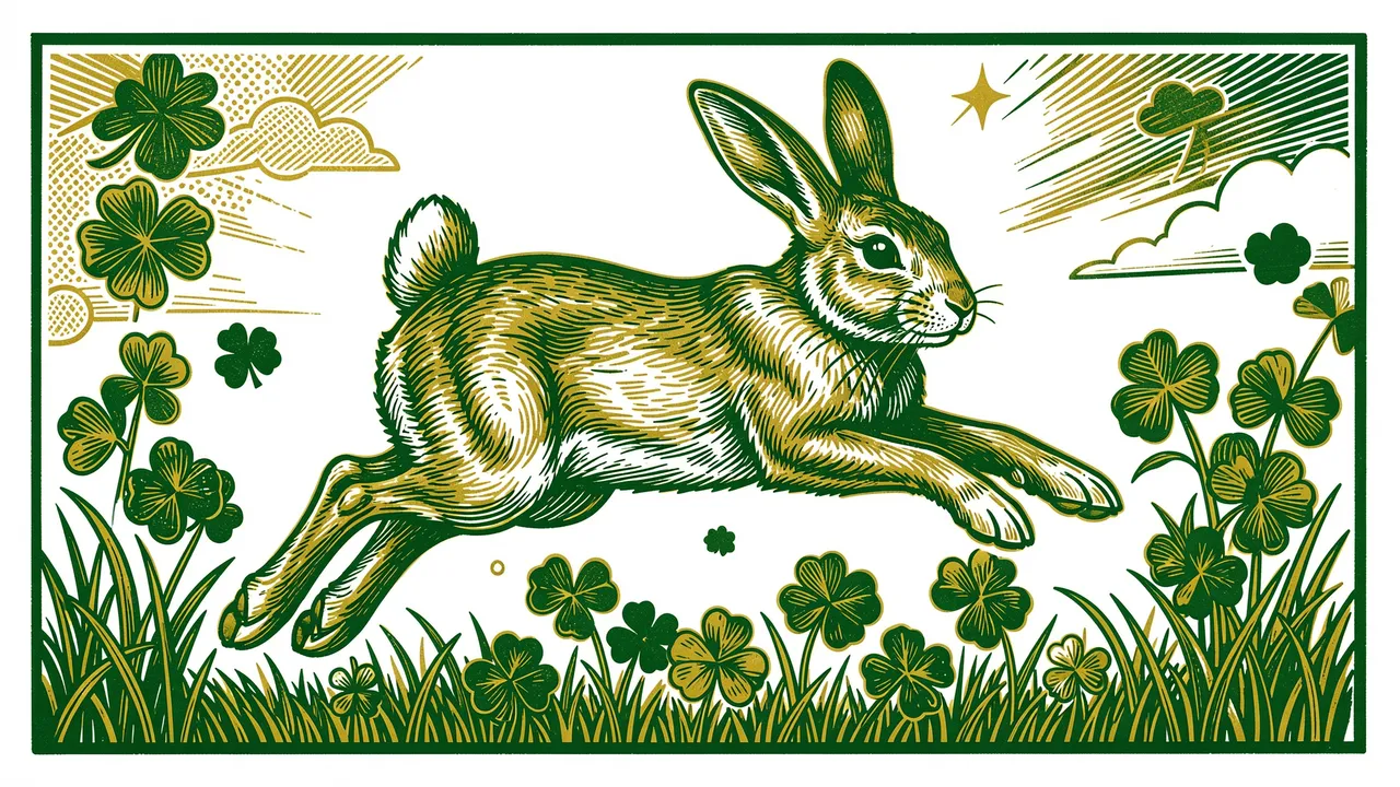 Green and gold linocut illustration of a hare leaping over clover on a St Patrick's Day themed background