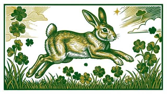 Green and gold linocut illustration of a hare leaping over clover on a St Patrick's Day themed background