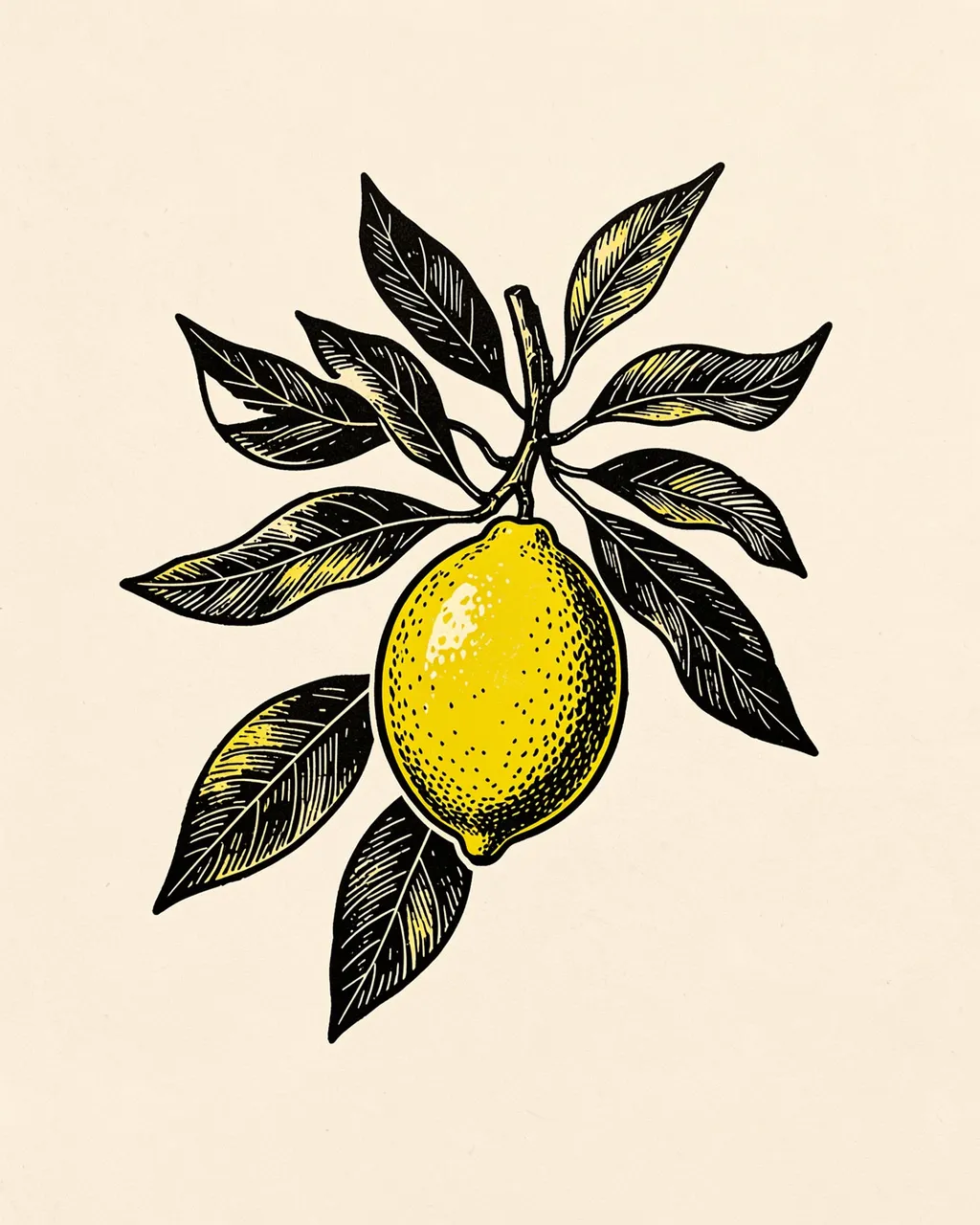 Black and yellow linocut illustration of a lemon on a leafy branch against cream paper