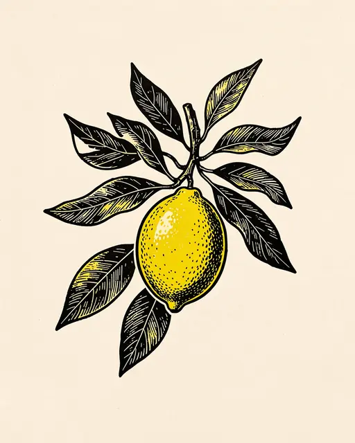 Black and yellow linocut illustration of a lemon on a leafy branch against cream paper
