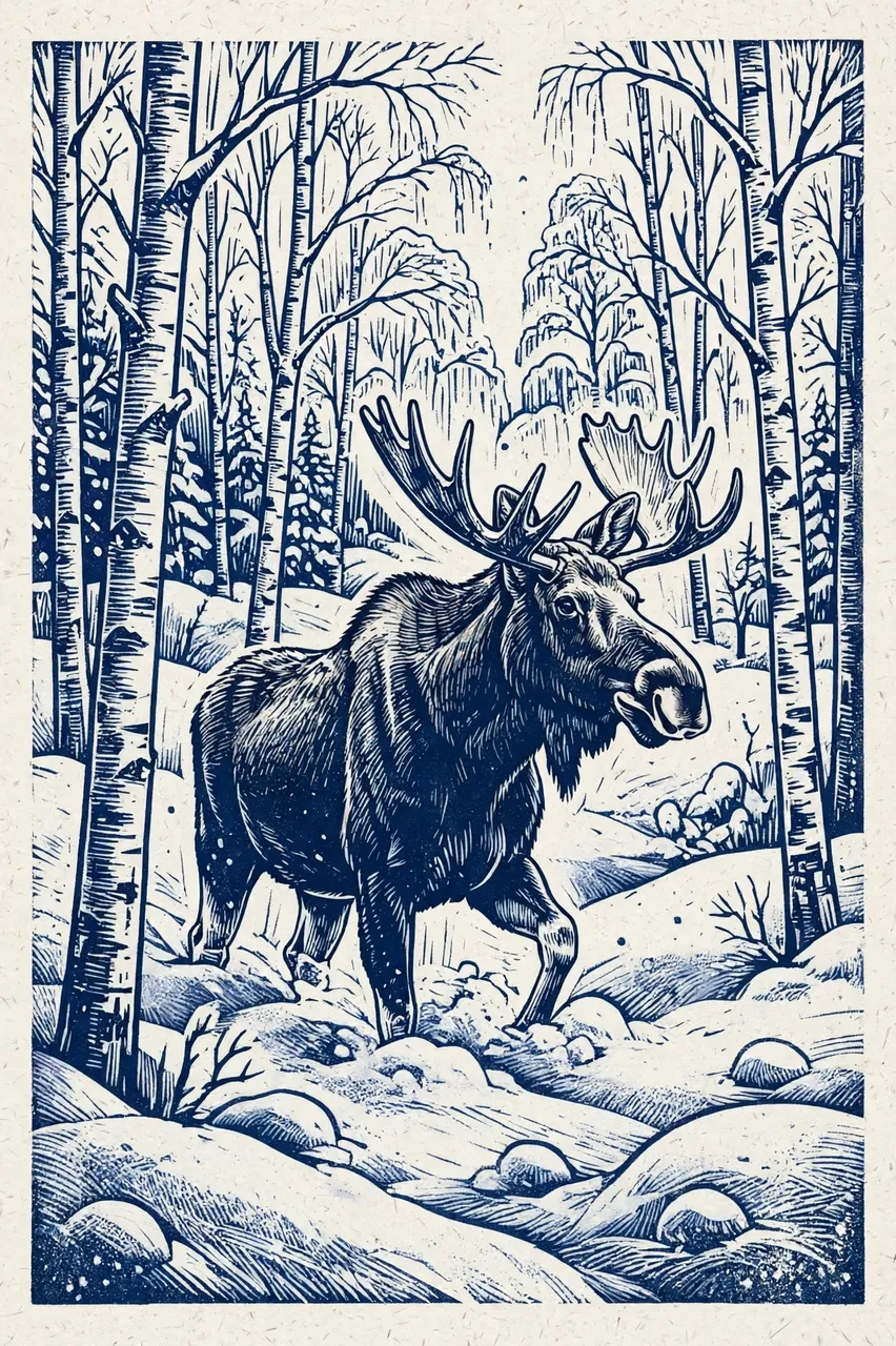 Dark blue linocut illustration of a bull moose wading through snow in a birch winter forest